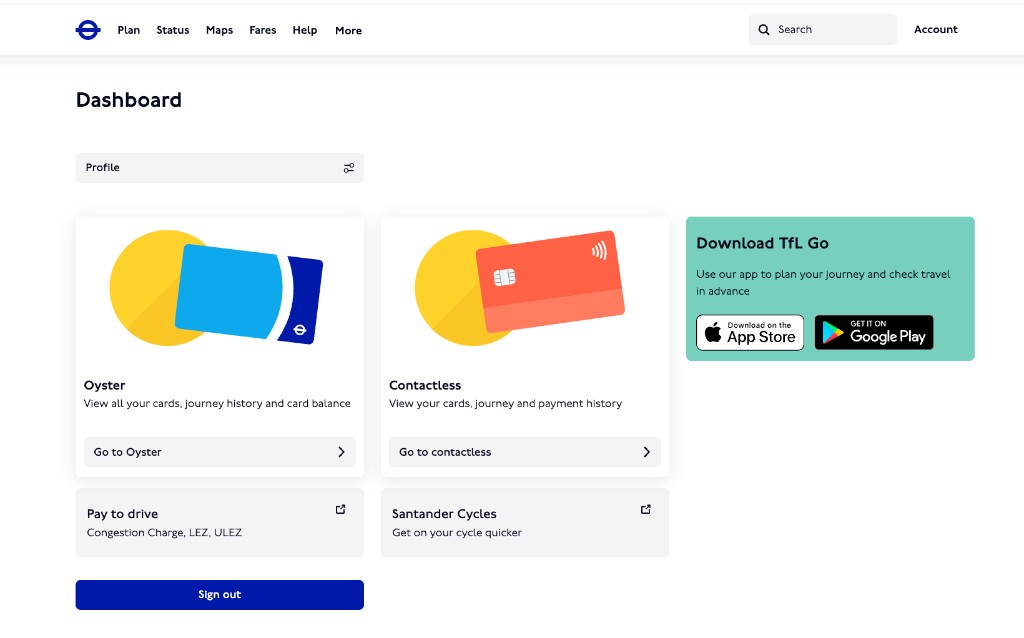 TfL account dashboard after signing in, showing Oyster and Contactless cards