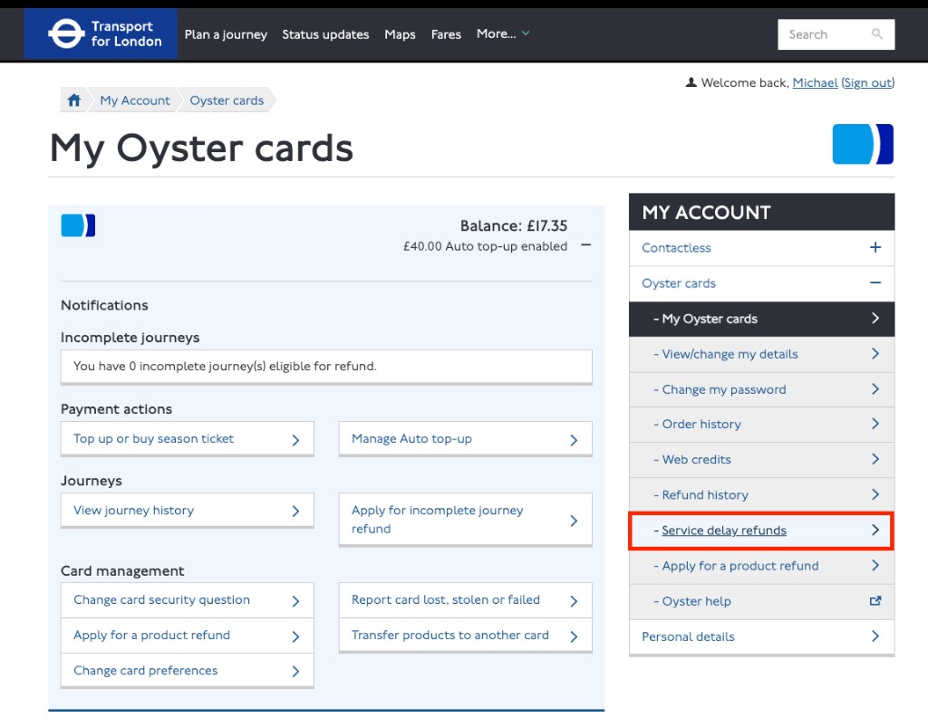 My Oyster cards page, with the Service delay refunds link highlighted in the account menu