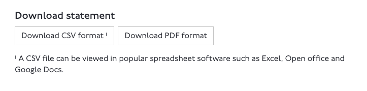 Download statement buttons offering CSV and PDF formats