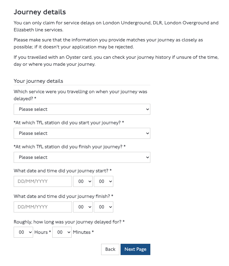 TfL service delay refund journey details form with service, stations, dates and delay length fields